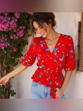 🌹 Wayf 🌹 Vibrant Red Blue Floral Sheer Wrap Ruffle Blouse
